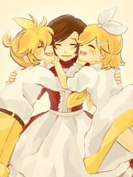  1boy 2girls alternate_universe blonde_hair bow brother_and_sister brown_hair commentary_request evillious_nendaiki good_end gretel_(evillious_nendaiki) hair_ornament hair_ribbon hairclip hansel_(evillious_nendaiki) happy hug kagamine_len kagamine_rin meiko_(vocaloid) meta_salmhofer moonlit_bear_(vocaloid) mother_and_daughter mother_and_son mukkun multiple_girls okizari_tsukiyosyou_(vocaloid) ribbon short_hair siblings tears twins vocaloid 