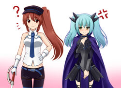  2girls absrudres armor blush breast_envy brown_eyes cardfight!!_vanguard crossover darkness_maiden_macha emoticon green_hair hair_ornament hat high_dog_breeder_akane hot_pants lowres miniskirt multiple_girls necktie red_hair royal_paladin shadow_paladin short_shorts shorts side_ponytail skirt sleeveless sleveless tie twintails whip 