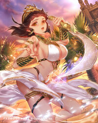  armlet armpits bad_id bad_pixiv_id black_hair bracer breasts building cleavage commentary_request dancer earrings egyptian egyptian_clothes esha female hair_ornament hat highres jewelry large_breasts looking_at_viewer official_art original photoshop_(medium) revealing_clothes sarong short_hair sideboob solo sword tenkuu_no_crystalia weapon yellow_eyes 