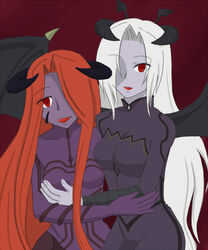  2girls alluring_succubus bodysuit cardfight!!_vanguard dark_irregulars decadent_succubus embrace horns hug looking_at_viewer multiple_girls red_eyes red_hair white_hair wings 