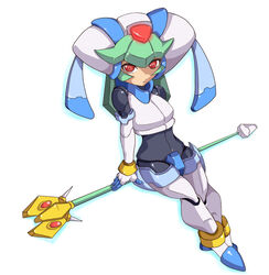  armor bad_id bad_pixiv_id beruzumi-m cropped_jacket female fingerless_gloves gloves green_hair helmet joints mega_man_(series) mega_man_zx model_w_(mega_man) pandora_(mega_man) red_eyes robot_joints simple_background solo staff weapon white_background 