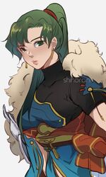  bad_id bad_twitter_id breasts dress earrings female fire_emblem fire_emblem:_the_blazing_blade fire_emblem_heroes green_eyes green_hair high_ponytail jewelry long_hair looking_at_viewer lyn_(fire_emblem) medium_breasts ponytail shihoran smile solo very_long_hair white_background 