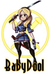  alex_ahad_(style) baby_doll_(sucker_punch) belt blonde_hair blush breasts english engrish female frown gun hairband handgun hips katana large_breasts long_hair midriff navel parody pistol ranguage ribbon sarikyou sheath simple_background skirt skullgirls style_parody sucker_punch sword thick_thighs thighhighs thighs twintails typo weapon white_background wide_hips yellow_eyes zettai_ryouiki 