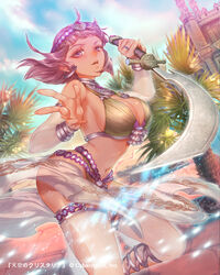  ankle_lace-up armpits bad_id bad_pixiv_id breasts building cleavage commentary_request cross-laced_footwear dancer detached_sleeves earrings egyptian egyptian_clothes esha female hair_ornament highres jewelry large_breasts looking_at_viewer official_art original photoshop_(medium) purple_eyes purple_hair revealing_clothes sarong short_hair sideboob solo sword tenkuu_no_crystalia weapon 