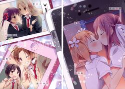  6+girls 6girls blonde_hair blush brown_eyes brown_hair cellphone flat_gaze grin hair_ornament highres iizuka_yuzu ikeno_kaede kissing minami_shizuku multiple_girls necktie noda_kotone official_art open_mouth orange_hair phone photo_(object) purple_eyes purple_hair sakura_trick school_uniform smile sonoda_yuu sweater tachi_(gutsutoma) takayama_haruka v wrist_grab yuri 