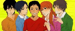  4boys black_hair blush boo-chan crayon_shin-chan female grin hair_ornament highres kazama_tooru long_hair looking_at_viewer multiple_boys nohara_shinnosuke older orange_hair sakurada_nene sato_masao satou_masao short_hair simple_background smile 