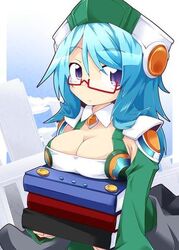  blue_eyes blue_hair breasts cardfight!!_vanguard cleavage glasses hat huge_breasts lowres royal_paladin silent_sage_sharon 