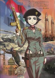  ak-47 assault_rifle black_hair crane female female_soldier flag gray_eyes gray_hair grey_eyes gun iraq military_vehicle representation rifle saddam_hussein scud statue t-72 tank us_flag weapon 