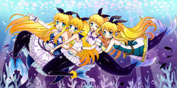  4girls bermuda_triangle bermuda_triangle_cadet_riviere blonde_hair cardfight!!_vanguard dress fins frilled_dress frills frilly frilly_dress green_eyes hair_ribbon lowres mermaid mermaid_idol_riviere monster_girl multiple_girls ribbon sailor_fuku school_uniform serafuku super_idol_riviere top_idol_riviere 