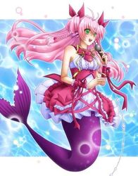  bermuda_triangle braid cardfight!!_vanguard dress fins frilled_dress frills frilly_dress gothic_lolita green_eyes lolita_fashion lowres mermaid mermaid_idol_sedna microphone monster_girl pink_hair 