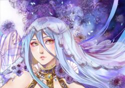  aristocratic_clothes azura_(fire_emblem) blue_hair commentary_request female fire_emblem fire_emblem_fates floral_background flower jewelry kairiwhisper long_hair looking_at_viewer necklace smile solo veil yellow_eyes 