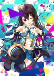  ;d aqua_eyes black_thighhighs blurry bow brown_hair checkered_floor commentary_request crown depth_of_field female highres hisakawa_haru long_hair mini_crown one_eye_closed open_mouth original puffy_sleeves smile solo thighhighs triangle 