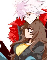  1boy apper500 bishounen breasts brown_eyes brown_hair commentary_request fate/extra fate/extra_ccc fate_(series) female fur_trim glasses grey_eyes jinako_carigiri karna_(fate) long_hair medium_breasts messy_hair shirt short_hair simple_background smile sweater t-shirt white_background white_hair 