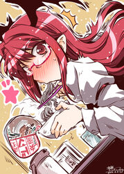  ^^^ bespectacled blush chopsticks commentary_request cup cup_ramen disposable_cup donbee dress_shirt dutch_angle eating female food glasses head_wings holding holding_chopsticks koakuma long_hair looking_at_viewer noodles pink-framed_eyewear ramen red_eyes red_hair shirt solo star_(symbol) table takana_shinno touhou water_boiler wings 