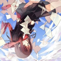  black_serafuku black_shirt black_skirt blue_sky brown_hair clenched_teeth closed_eyes cloud commentary_request crossed_arms crying day falling feet_out_of_frame female floating floating_object hair_ornament hairclip heart kagerou_project letter long_sleeves love_letter na2co3 neckerchief open_mouth origami outdoors paper paper_crane partial_commentary pencil photoshop_(medium) red_scarf ruler sad_smile scarf school_uniform serafuku set_square shirt skirt sky solo tateyama_ayano teeth toumei_answer_(vocaloid) upside-down white_neckerchief winter_uniform wooden_pencil 