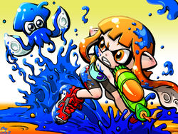  battle dated fight fighting frown grimace gun hime_cut hirekatsu ink inkling looking_back mask nintendo orange_eyes orange_hair pointy_ears shorts splatoon squid teeth tentacle_hair weapon 