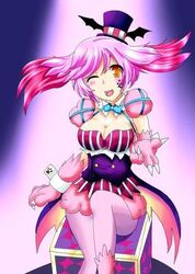  bat_wings breasts cardfight!!_vanguard cleavage corset gloves looking_at_viewer lowres midnight_bunny orange_eyes pale_moon pantyhose paw_gloves pink_hair puffy_shoulders puffy_sleeves wings wrist_cuffs 