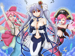  3girls bermuda_princess_lena bermuda_triangle breasts cardfight!!_vanguard cleavage crown fins grey_hair hat headset looking_at_viewer lowres microphone multiple_girls pink_hair pirate_hat rainbow_light_carine tubetop underboob velvet_voice_raindear 