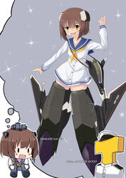  1boy :d admiral_(kancolle) binoculars brown_hair commentary english_text female ffr-41mr hat headgear highres holding imagining kantai_collection kuronekozero mecha_musume military military_uniform name_connection naval_uniform open_mouth parody peaked_cap photoshop_(medium) sentou_yousei_yukikaze short_hair smile sparkle striker_unit t-head_admiral uniform world_witches_series yukikaze_(kancolle) 