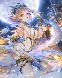  armlet armpits bad_id bad_pixiv_id bracer breasts building cleavage commentary_request dancer earrings egyptian egyptian_clothes esha female full_moon hat highres jewelry large_breasts looking_at_viewer moon nail_polish night official_art orange_eyes original photoshop_(medium) revealing_clothes sarong short_hair sideboob silver_hair sky smile solo star_(sky) starry_sky sword tenkuu_no_crystalia weapon 