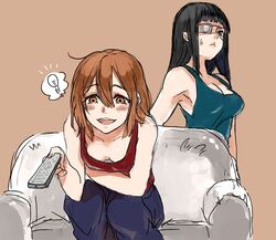  2girls armpits bad_id bad_pixiv_id black_hair blush breasts brown_eyes brown_hair cleavage controller couch downblouse eyepatch jormungand_(manga) light_bulb medium_breasts mildred multiple_girls photoshop_(medium) remote_control shiratake short_hair sitting sofia_valmer sweatdrop tank_top 