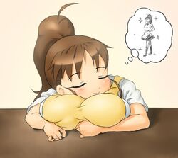  apron breast_pillow breasts brown_hair closed_eyes dreaming female huge_breasts onsoku_maru ponytail skirt sleeping solo taneshima_popura thought_bubble uniform waitress working!! 