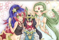  3girls bermuda_triangle bermuda_triangle_cadet_caravel black_hair bracelet bracelets cadet_caravel cardfight!!_vanguard crossover dress goddess_of_the_half_moon_tsukuyomi godhawk_ichibyoshi green_dress green_eyes green_hair hair_ornament half_moon_goddess_tsukuyomi headdress japanese_clothes jewelry kimono looking_at_viewer multi-colored_hair multicolored_hair multiple_girls oracle_think_tank red_eyes royal_paladin tank_top yggdrasil_maiden_elaine 