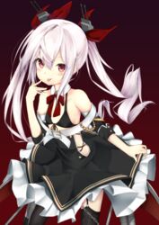  :p azur_lane bare_shoulders belt belt_buckle black_bra black_thighhighs blush bra buckle chains closed_mouth collar commentary_request detached_collar female front-tie_top garter_belt hair_between_eyes hair_ornament hair_ribbon hand_on_own_cheek hand_on_own_face highres hiraba_6018 long_hair looking_at_viewer red_background red_eyes red_ribbon ribbon simple_background smile solo standing thighhighs tongue tongue_out twintails underwear vampire_(azur_lane) very_long_hair white_belt white_collar white_hair wing_collar 