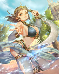  ankle_lace-up armpits breasts building cleavage commentary_request cross-laced_footwear dancer detached_sleeves earrings egyptian egyptian_clothes esha female green_eyes hair_ornament highres jewelry large_breasts looking_at_viewer official_art original photoshop_(medium) revealing_clothes sarong short_hair sideboob silver_hair solo sword tenkuu_no_crystalia weapon 