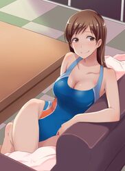  breasts brown_eyes brown_hair commentary_request competition_swimsuit female highleg highleg_swimsuit idolmaster idolmaster_cinderella_girls idolmaster_cinderella_girls_starlight_stage jpeg_artifacts long_hair medium_breasts meganei nitta_minami one-piece_swimsuit smile solo swimsuit tile_floor tiles 