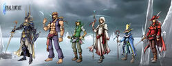  5boys abs absurdres armor bandages bandana barefoot beard black_mage_(final_fantasy) blonde_hair boots brown_hair cape character_name commentary copyright_name dissidia_final_fantasy earrings facial_hair feathers female final_fantasy final_fantasy_i hat height_difference highres hood isaiah_amancio jewelry knight monk monk_(final_fantasy) multiple_boys muscular nomura_tetsuya nomura_tetsuya_(style) official_style pants photoshop_(medium) ponytail red_mage_(final_fantasy) robe shield smile standing striped_clothes striped_pants sword thief_(final_fantasy) warrior_of_light_(ff1) weapon white_mage_(final_fantasy) witch_hat yellow_eyes 