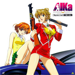  1990s_(style) 2girls :d absurdres agent_aika aida_rion aika_(series) arm_up ass_visible_through_thighs bare_arms bare_shoulders blonde_hair blue_eyes breasts brooch brown_eyes bustier cleavage collar copyright_name cropped_legs detached_collar earrings english_text fingernails folded_ponytail glasses green_skirt gun hair_between_eyes hairband highres holding holding_gun holding_weapon jacket jewelry lanchester_smg lipstick logo long_hair long_sleeves looking_at_viewer makeup medium_breasts miniskirt multiple_girls official_art on_vehicle open_mouth panties pantyshot pencil_skirt photoshop_(medium) pleated_skirt red_hairband red_jacket red_lips red_skirt retro_artstyle shirt short_hair simple_background sitting skirt smile standing submachine_gun sumeragi_aika tongue underwear vest weapon white_background white_collar white_panties white_shirt yamauchi_noriyasu yellow_bustier yellow_vest 