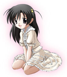  2000s_(style) arms_between_legs bad_id black_eyes black_hair dress feet female flat_chest frills gradient_background hair_bobbles hair_ornament katsura_kokoro long_hair looking_at_viewer o-no_tatsuki open_mouth pink_background school_days sitting smile solo summer_days wariza white_background 