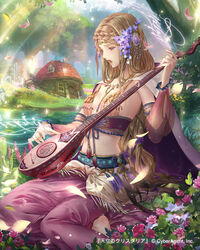  bad_id bad_pixiv_id barefoot blonde_hair breasts cape commentary_request esha female flower forest green_eyes hair_flower hair_ornament highres house instrument long_hair mandolin nature navel official_art open_mouth original photoshop_(medium) revealing_clothes river sideboob sitting small_breasts solo tenkuu_no_crystalia very_long_hair yokozuwari 