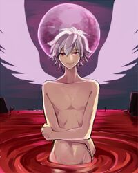  1boy angel_wings bad_id bad_pixiv_id completely_nude grey_hair kudou_akira looking_at_viewer male_focus nagisa_kaworu navel neon_genesis_evangelion nude red_eyes smile solo wading wings 