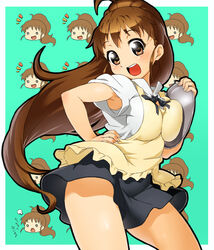  :d apron aqua_background armpits breast_press breasts brown_eyes brown_hair chibi contrapposto cowboy_shot face female grin hand_on_hip highres holding large_breasts long_hair onsoku_maru open_mouth payot ponytail ribbon sidelocks skirt smile solo taneshima_popura thighs tray uniform waitress working!! 