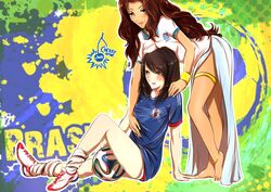  2014_fifa_world_cup 2girls anklet ball barefoot black_hair brazuca brown_eyes brown_hair cherry_in_the_sun commentary_request greece japan jewelry long_hair multiple_girls original soccer soccer_ball soccer_uniform sportswear world_cup yuri 