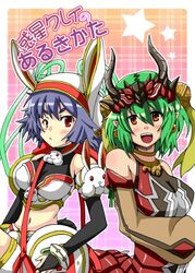  2girls animal_ears blue_hair blush bunny bunny_ears cardfight!!_vanguard collar crop_top crossover detached_sleeves dragon dragon_dancer_catharina gloves gold_paladin green_hair hair_ornament horns hot_pants kagero listener_of_truth_dindrane multiple_girls narukami orange_eyes red_eyes short_shorts shorts 