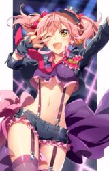  ;d black_gloves bow breasts brown_eyes commentary_request crop_top crop_top_overhang earrings female frills gals_rock_ambivalence_(idolmaster) garter_straps gloves hair_ornament hairbow hat highres idolmaster idolmaster_cinderella_girls jewelry jougasaki_mika long_sleeves medium_breasts midriff mini_hat murakami_yuichi nail_polish navel necklace necktie one_eye_closed open_mouth outstretched_arm pink_hair pink_thighhighs shiny_skin short_shorts shorts smile solo sparkle star_(symbol) star_hair_ornament stud_earrings suspenders suspenders_under_shirt thighhighs underboob v v_over_eye 