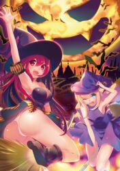  2girls aqua_eyes ass bat_(animal) blonde_hair breasts broom broom_riding commentary_request detached_sleeves halloween hat hisakawa_haru large_breasts long_hair medium_breasts moon multiple_girls open_mouth original outstretched_arm panties pantyshot red_eyes red_hair underwear witch_hat 