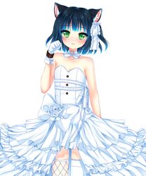  1boy animal_ears black_hair blue_hair cat_boy cat_ears dress flat_chest gloves gradient_hair green_eyes highres male_focus multicolored_hair nami_(nyaa) otoko_no_ko ryoune_yami short_hair solo source_request utau wedding_dress white_gloves 