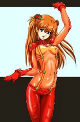  101_(lo10) arched_back arm_up bad_id bad_pixiv_id blue_eyes bodysuit breasts brown_hair evangelion:_2.0_you_can_(not)_advance female hair_ornament highres long_hair looking_at_viewer medium_breasts multicolored_bodysuit multicolored_clothes navel neon_genesis_evangelion open_mouth orange_bodysuit plugsuit rebuild_of_evangelion red_bodysuit revealing_clothes see-through smile solo souryuu_asuka_langley test_plugsuit underboob 