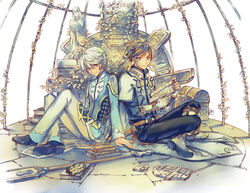  2boys bad_id bad_pixiv_id bishounen book brown_hair cape capelet cloak green_eyes male_focus mikleo_(tales) multiple_boys photoshop_(medium) purple_eyes ritsuko_(rittii) short_hair sitting smile sorey_(tales) staff tales_of_(series) tales_of_zestiria 