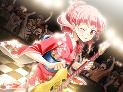  :p checkered_floor crowd deardrops dutch_angle eyebrows female fujimaru_(bluebrand) game_cg guitar hair_ornament hair_stick instrument japanese_clothes kimono one_eye_closed ooba_yayoi pink_hair solo tongue tongue_out 