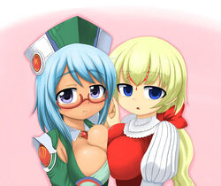  2girls blonde_hair blue_eyes blue_hair breast_press breasts cardfight!!_vanguard cleavage cleavage_cutout crossover dress glasses hand_holding huge_breasts looking_at_viewer lowres multiple_girls nightmare_doll_alice pale_moon purple_eyes red_dress royal_paladin silent_sage_sharon 