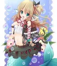  bag belt bermuda_triangle bermuda_triangle_cadet_shizuku bow brown_hair cardfight!!_vanguard detached_sleeves fins flower frills frilly green_eyes hairbow handbag looking_at_viewer mermaid midriff miniskirt monster_girl plushie purse ribbon scales skirt stuffed_animal stuffed_toy 