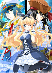  aqua_force bandana bermuda_triangle black_hair blonde_hair blue_eyes blue_hair bow captain_nightmist cardfight!!_vanguard crossover dress fins frilled_dress frills frilly_dress granblue green_eyes hairbow hat minazoi_kuina necktie pearl pearls pirate pirate_hat tie top_idol_riviere water_general_of_wave-like_spirals_benedict 