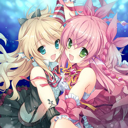  2girls :d aqua_eyes belt bermuda_triangle bermuda_triangle_cadet_shizuku blonde_hair blue_eyes bow bracelet cardfight!!_vanguard cross fins green_eyes hairbow hand_holding heart jewelry long_hair looking_at_viewer lowres mermaid mermaid_idol_sedna midriff miniskirt monster_girl multiple_girls navel open_mouth pink_hair ribbon skirt smile striped underwater 