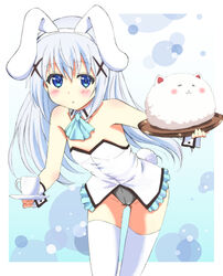  angora_rabbit animal animal_ears blue_eyes blush coffee_mug commentary_request cup detached_collar female flat_chest ginmaru gochuumon_wa_usagi_desu_ka? grey_hair hair_ornament hairclip kafuu_chino long_hair looking_at_viewer md5_mismatch mug plate playboy_bunny rabbit rabbit_ears rabbit_tail solo tail thighhighs tippy_(gochiusa) tray white_thighhighs wrist_cuffs x_hair_ornament 