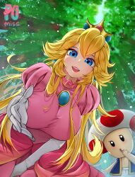  1boy absurdres artist_name blonde_hair blue_eyes breasts brooch crown dress earrings elbow_gloves female forest from_below gloves hair_between_eyes highres jewelry large_breasts long_hair looking_at_viewer mario_(series) nature open_mouth pink_dress princess princess_peach pumiss reaching reaching_towards_viewer smile teeth toad_(mario) upper_teeth_only white_gloves 